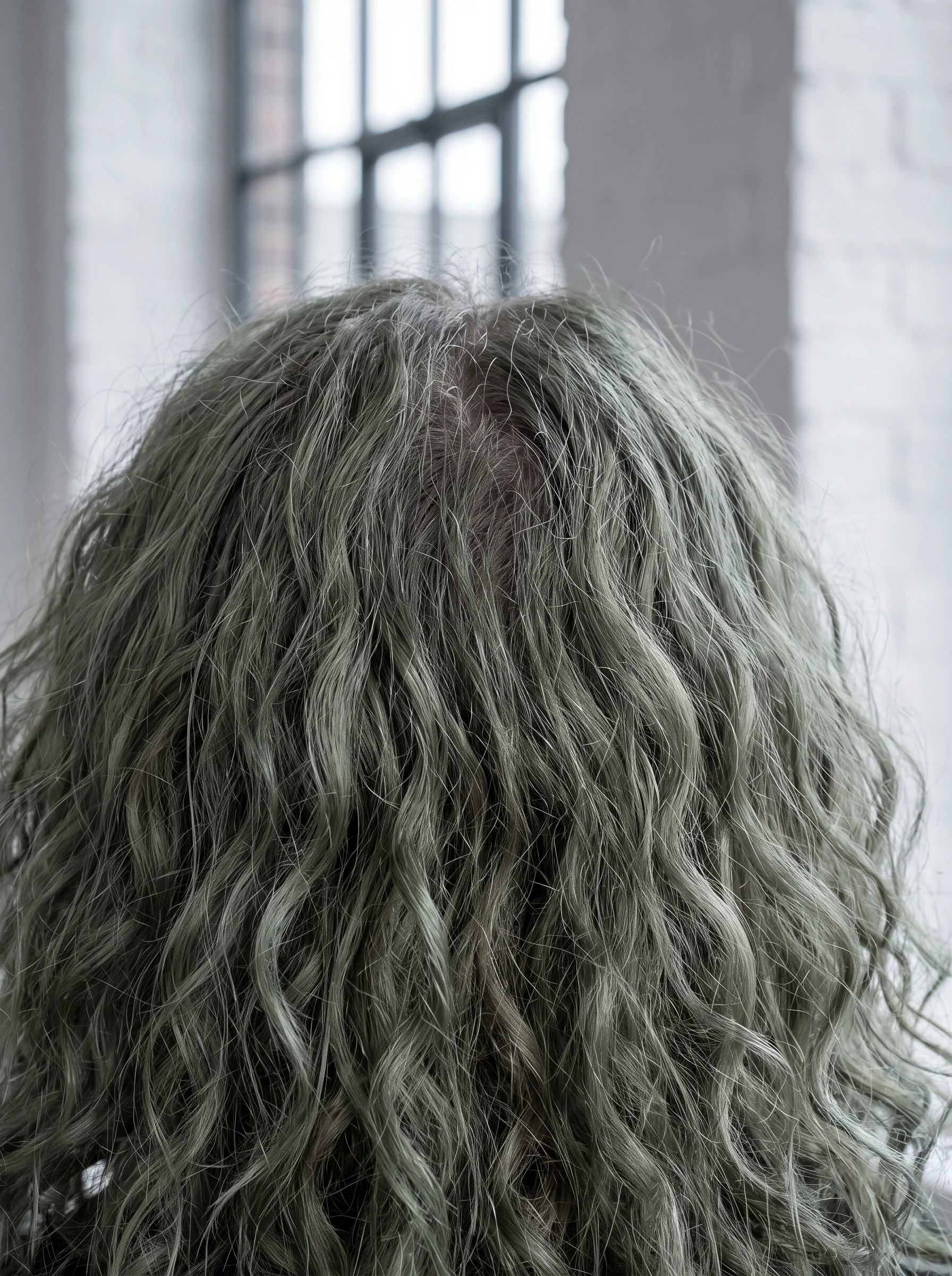 Close-up view of the back of a person's head showing wavy, greyish-green hair against an out-of-focus background with a window.