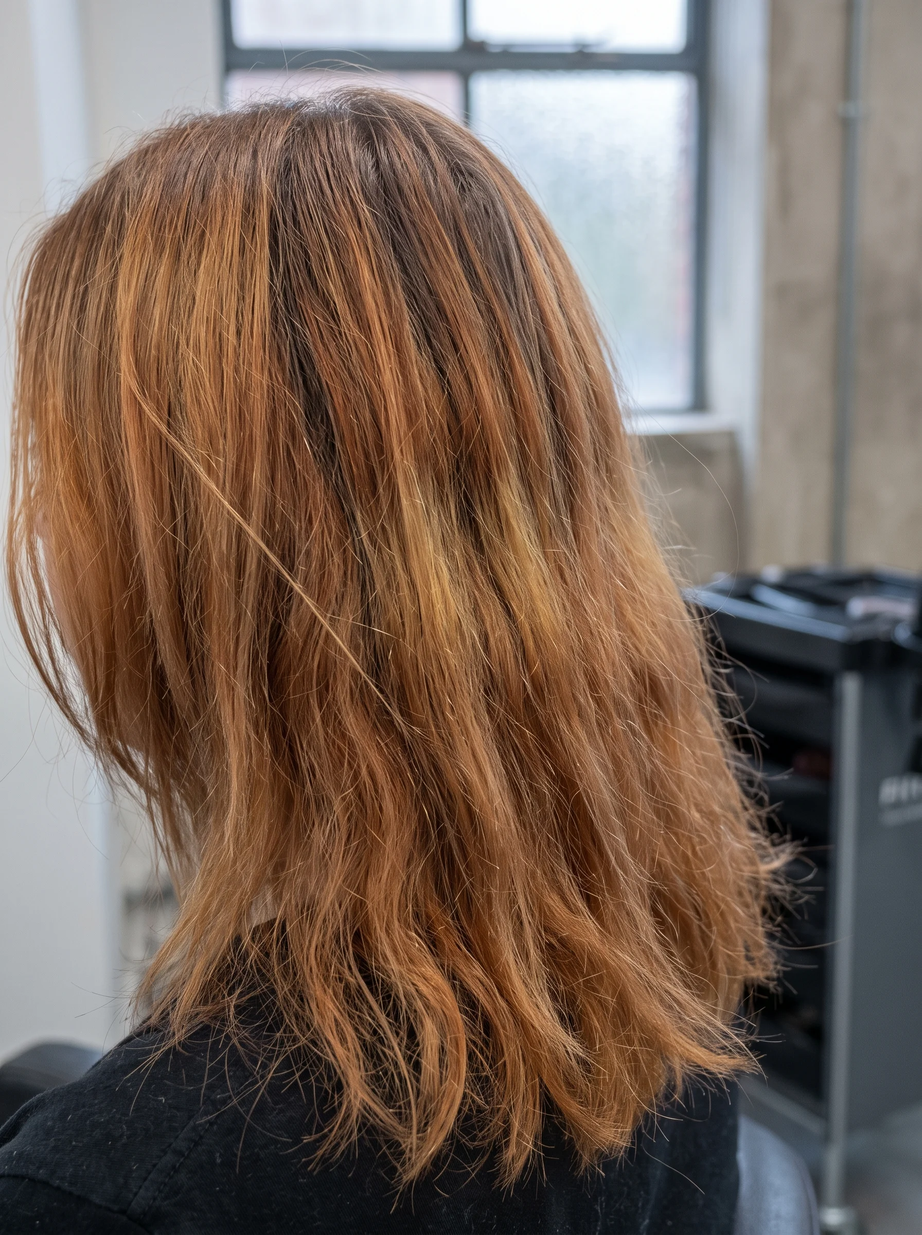 The same hair before correction: faded orange-brown with visible banding at the mid-lengths