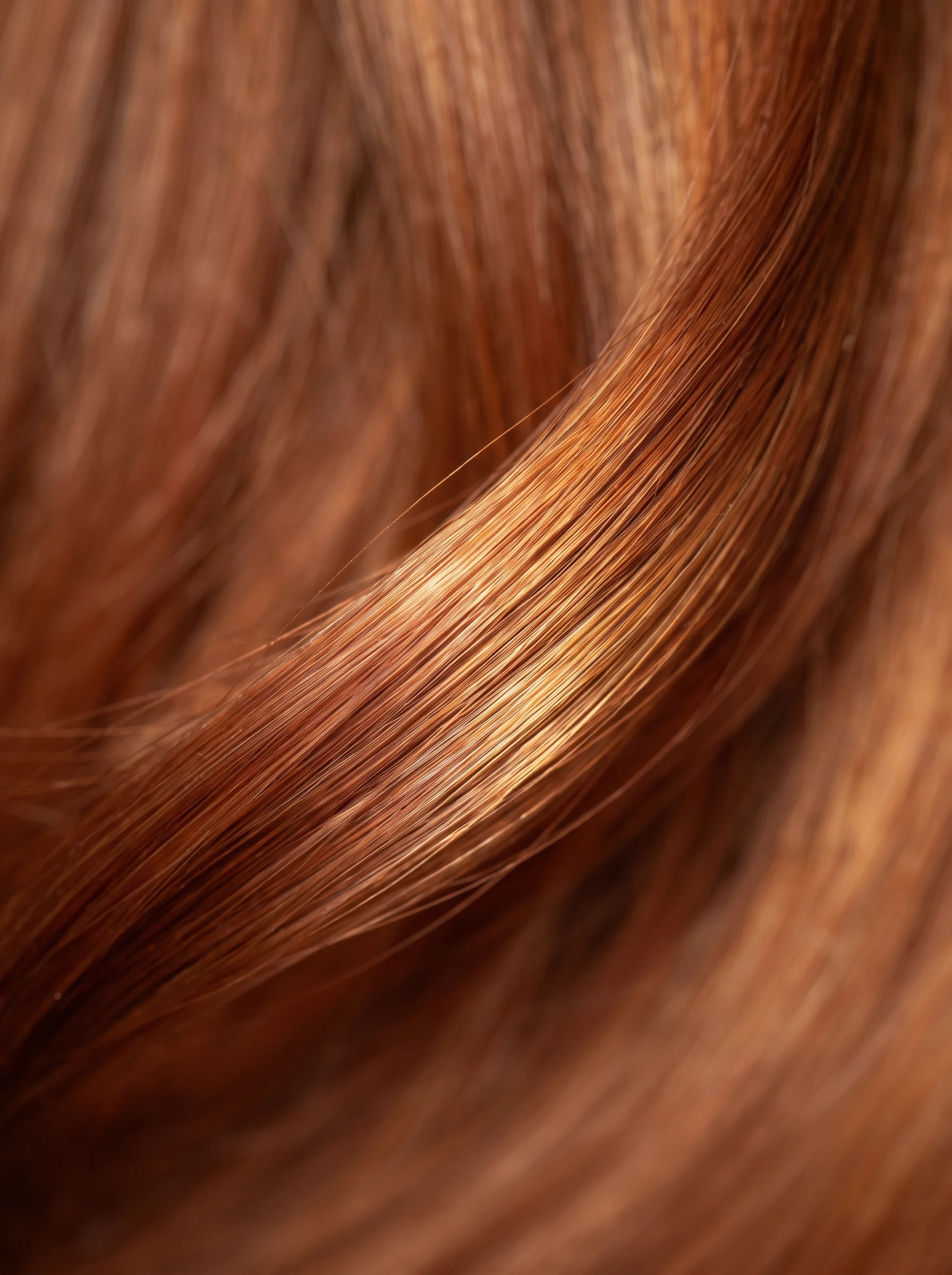 Finished copper hair photographed macro-close in raking daylight, saturated and even in tone