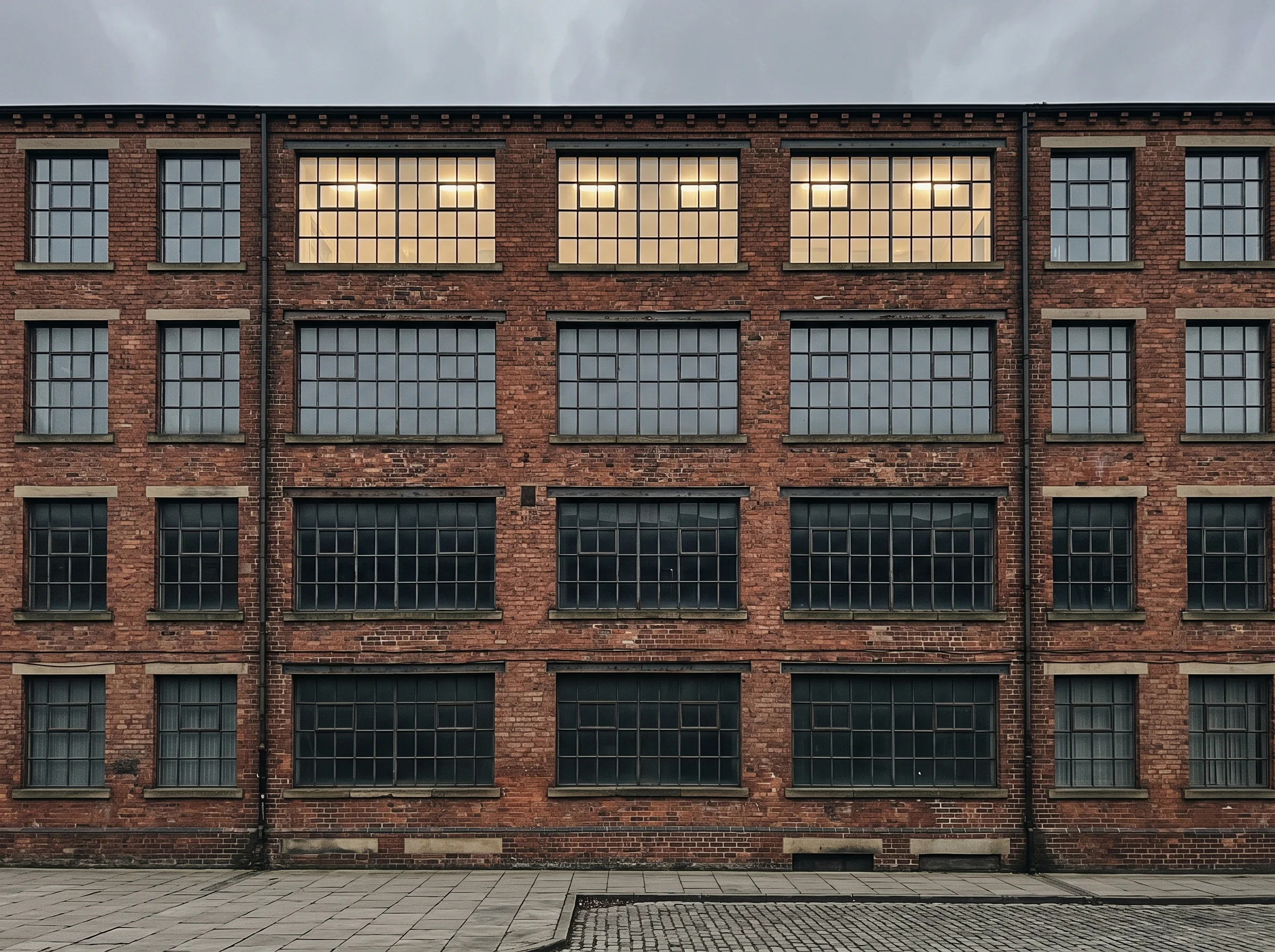 A converted Victorian mill in overcast light, rows of steel-framed windows with the fifth-floor windows lit