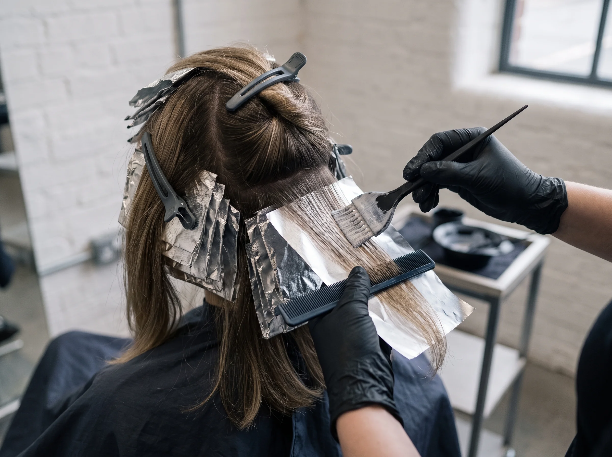 Fine foils and sectioning clips through mid-brown hair at the back of a client's head, a gloved hand placing the next foil