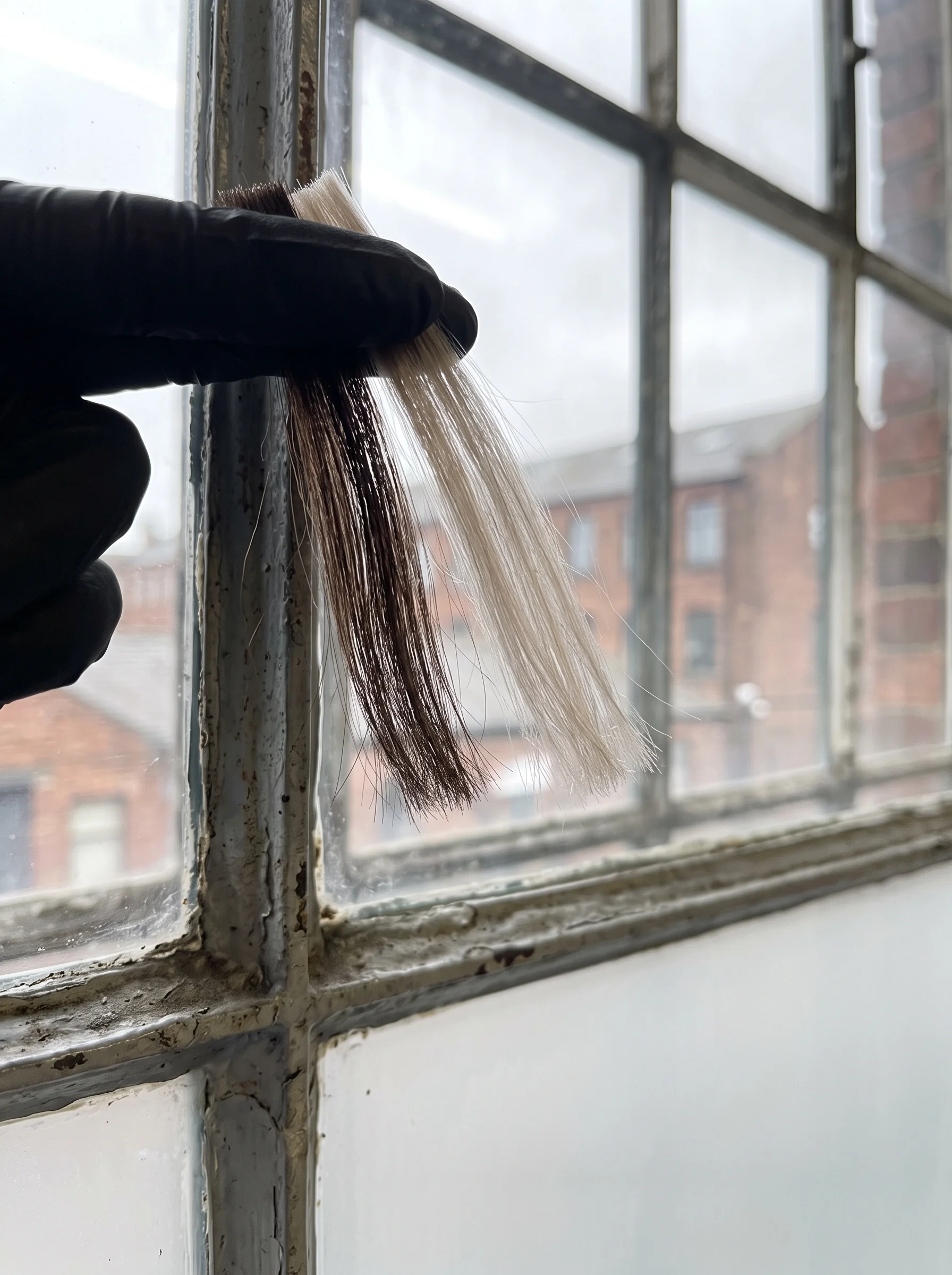 Two strand tests held to the window in gloved fingers — one dark box-dye brown, one lifted cool blonde