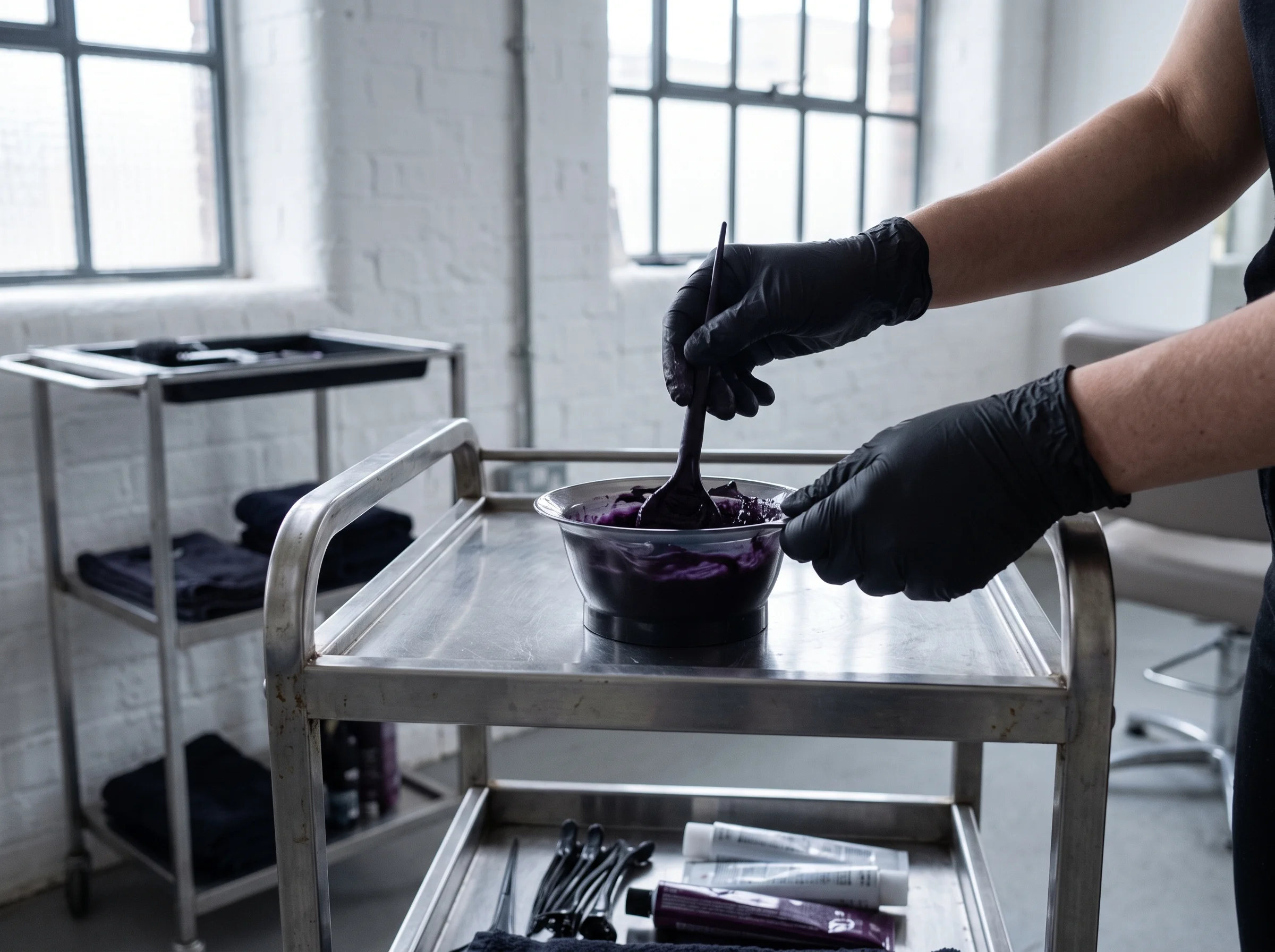 A person wearing black gloves mixes purple hair dye in a bowl on a metal trolley in a salon.