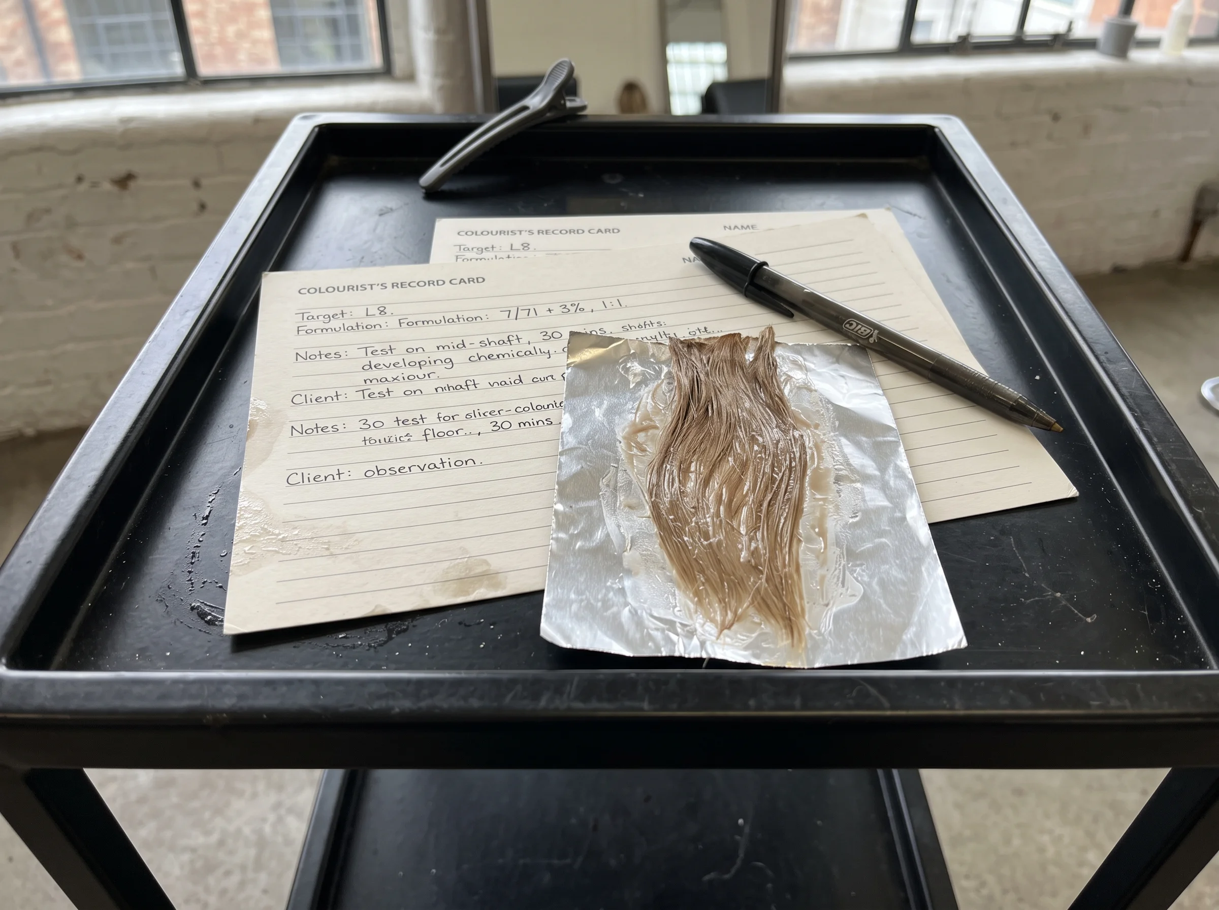 A dark strand test drying on foil on a steel trolley next to a handwritten record card and pen