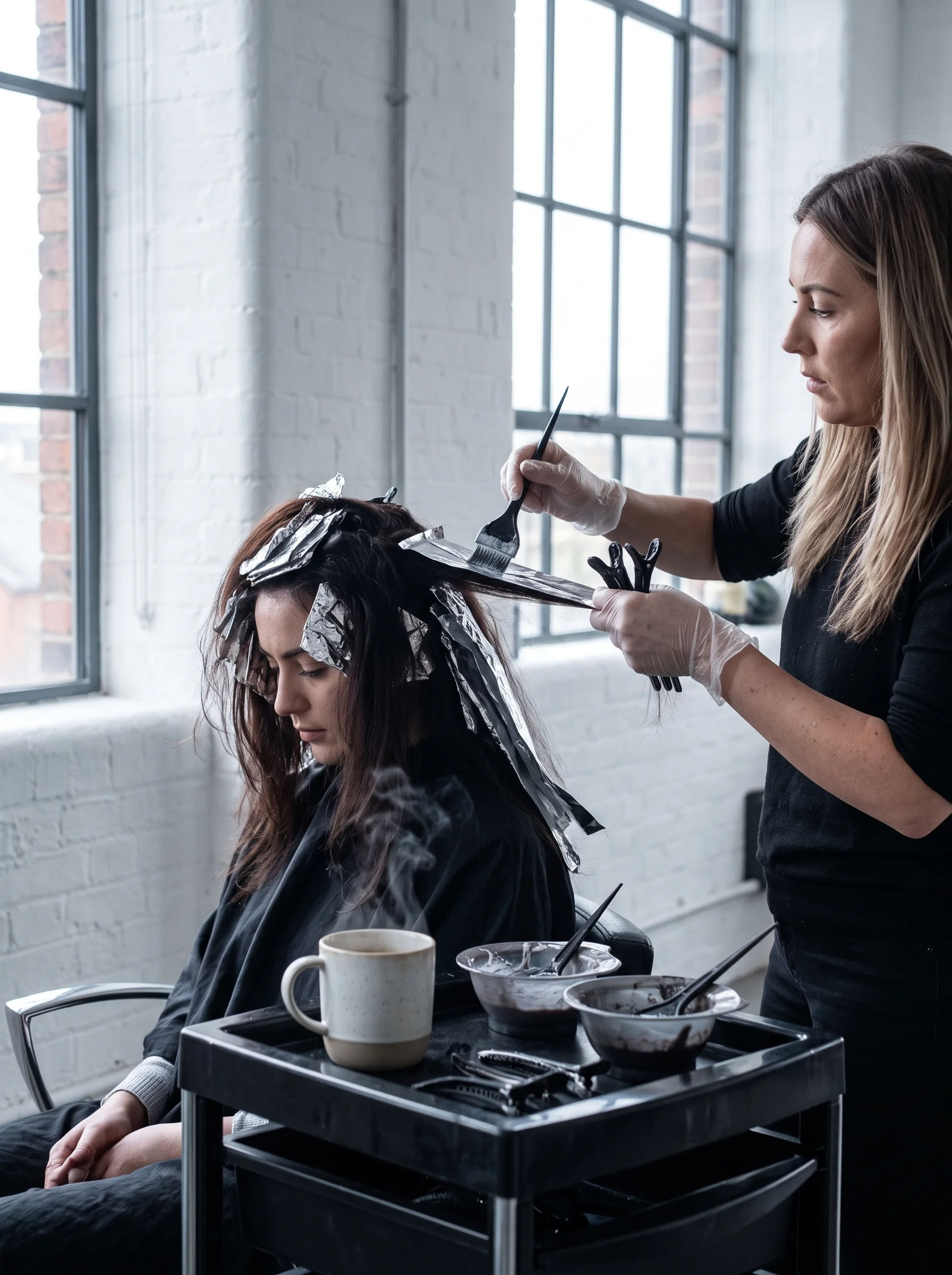 A colourist placing fine foils through a client's hair, steam rising from a mug on the trolley