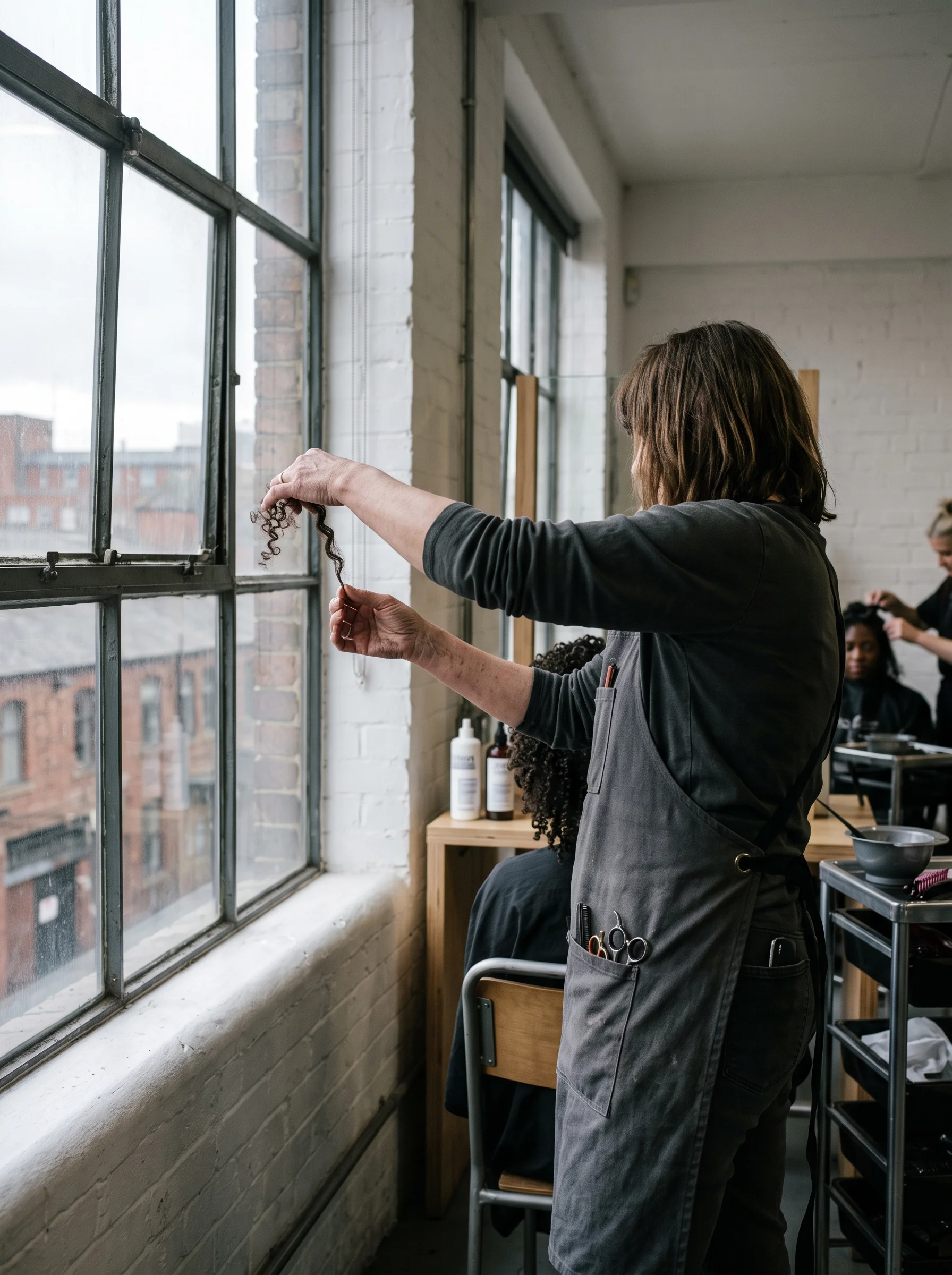 A colourist holds a coiled curl up to the steel window to judge its tone, scissors in their apron pocket