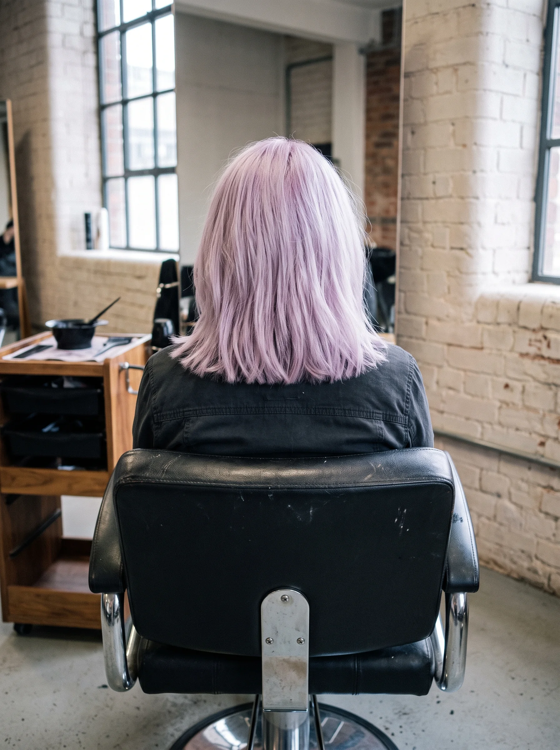 The back of a client's head in the studio chair, pastel lilac hair catching flat window daylight